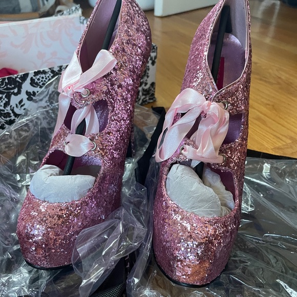 2 x pleaser bordello burlesque teeze pink glitter platform heels - Picture 3 of 10